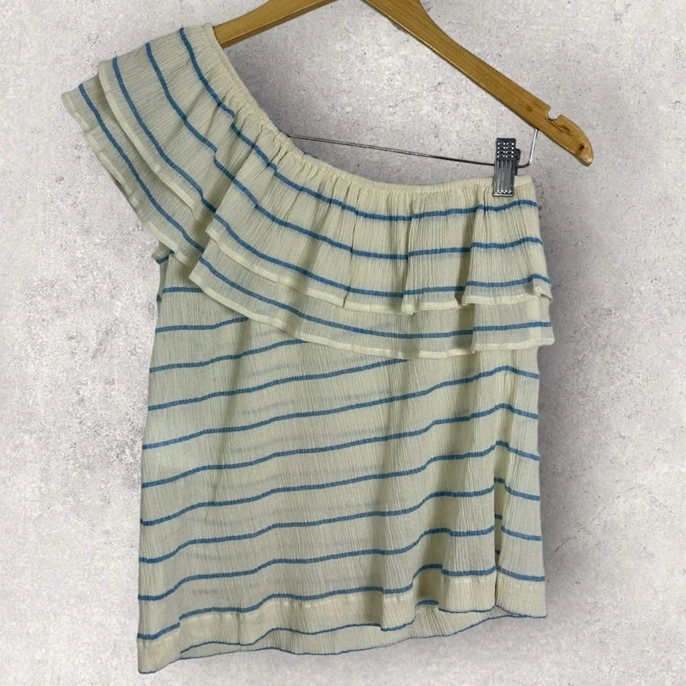 Sezane Adeline Blouse Blue Ecru One Shoulder Size 36 French / US 4 Ruffle Stripe - Picture 6 of 10